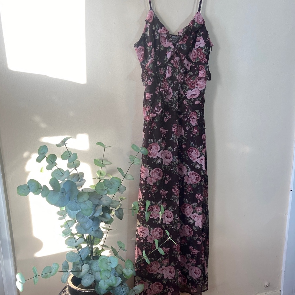 New Brown Pink Floral Madden Girl Steve Madden Ruffle Cami Maxi Dress Medium